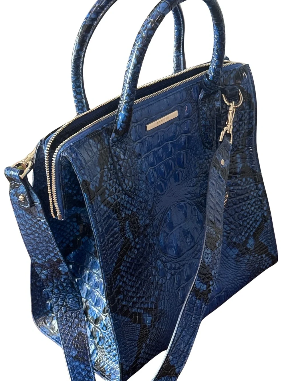 Brahmin Electric Blue Croc-Embossed Satchel with Detachable Strap